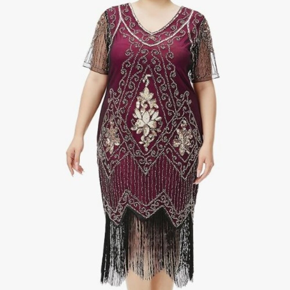 Elegant Burgundy Beaded Fringe Dress